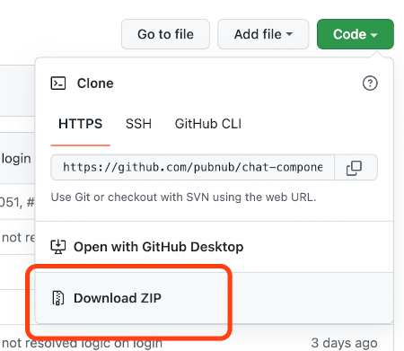 Github repository interface showing the "Download ZIP" button highlighted under the Code dropdown menu.