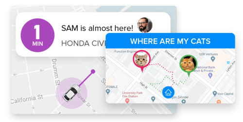 GPS map app interface tracking car and pets with humorous captions indicating impatience and pet location concern.