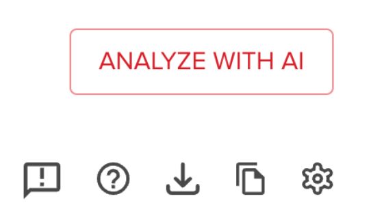 Red button labeled 'ANALYZE WITH AI' above icons for alerts, help, downloads, folders, and settings on a digital interface.