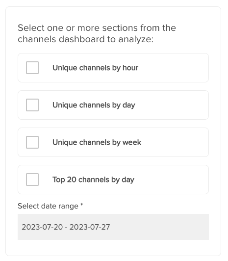 Interactive web form for selecting channel analysis parameters with checkboxes for different time frames and a date range picker.