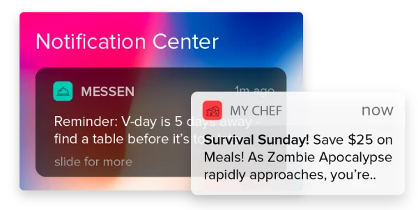 Notification pop-ups on a smartphone screen with a reminder about Valentine's Day and a promotional offer for a zombie survival event.