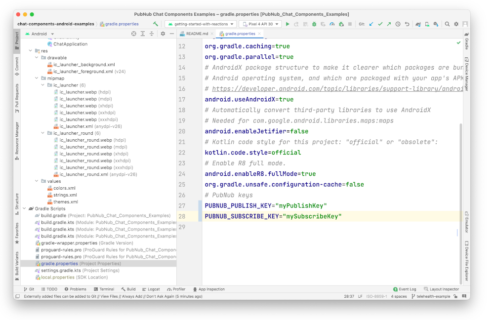 Computer screen with code and file directory open in Android Studio IDE showing a gradle.properties file.