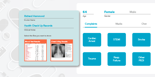 Medical record interface showing patient's age, gender, and health conditions with options for sharing blood test and chest X-ray results.