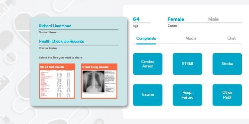 Book a visit push notification Medical record interface showing patient's age, gender, and health conditions with options for sharing blood test and chest X-ray results.