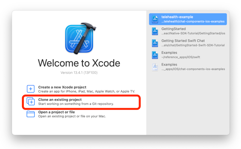 Welcome screen of Xcode with options to create a new project, clone an existing project highlighted, or open a project or file, on a Mac computer.