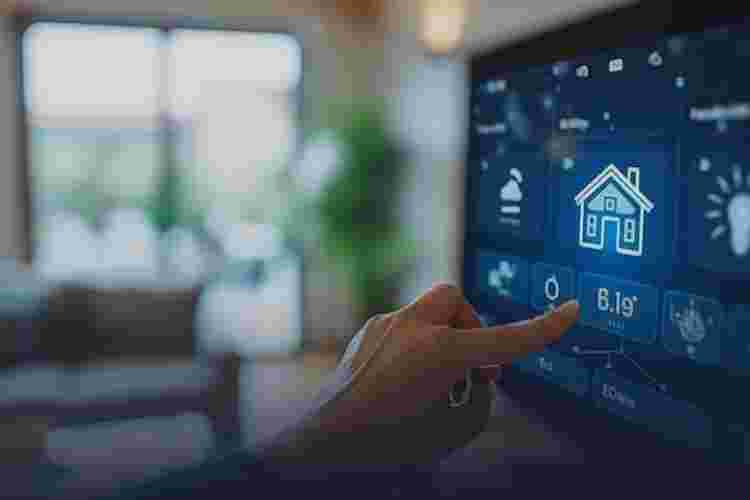 Person touching a button on smart home dashboard interface to control connected devices and set up automation technology. Using smart assistant to use and configurate home devices. Virtual screen HUD
