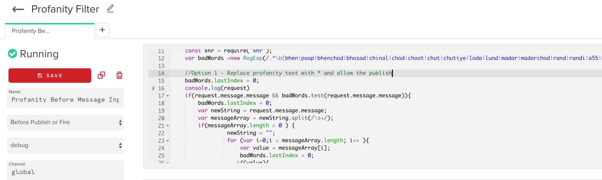 Screenshot of profanity filter function