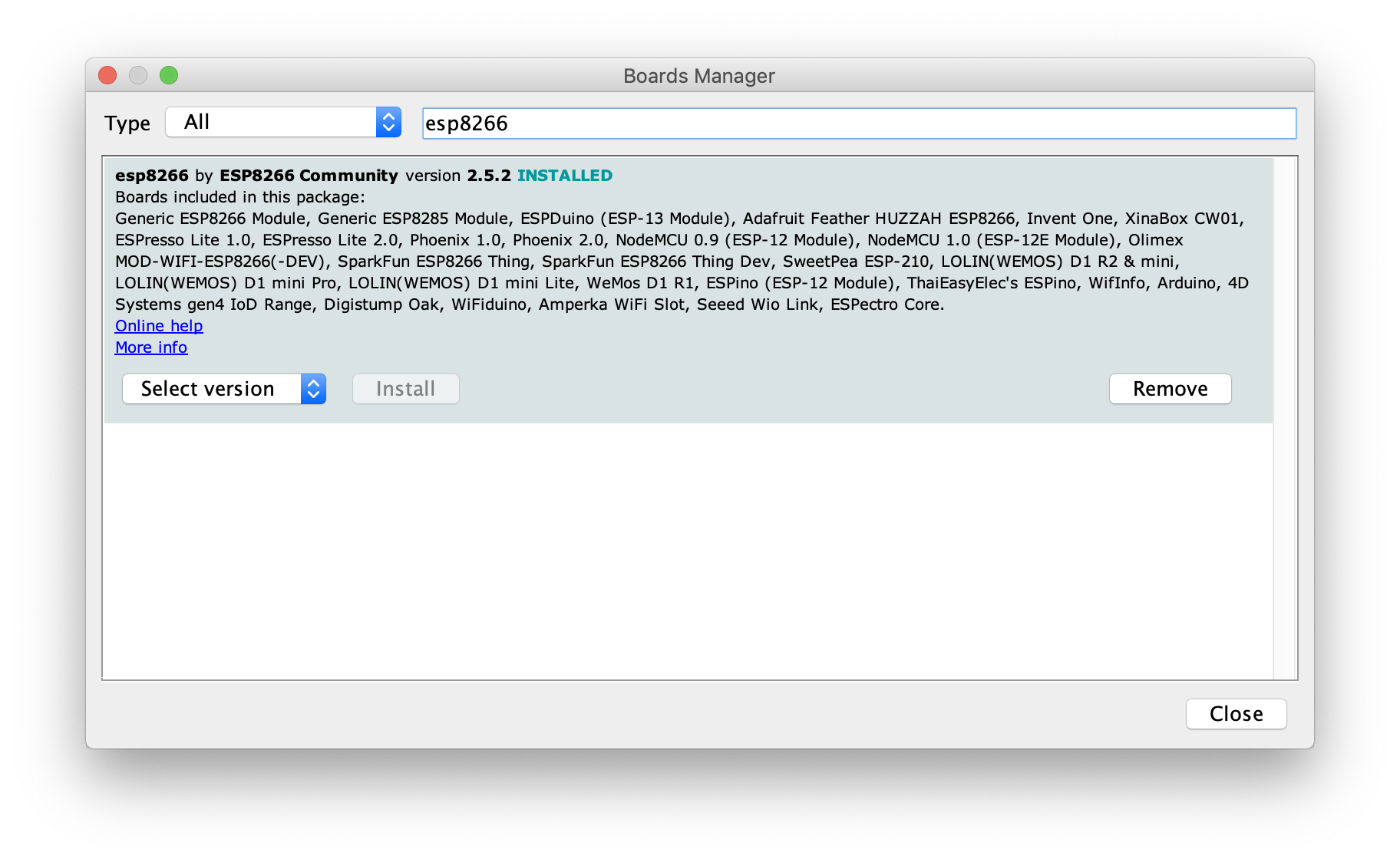 Board Manager ESP8266