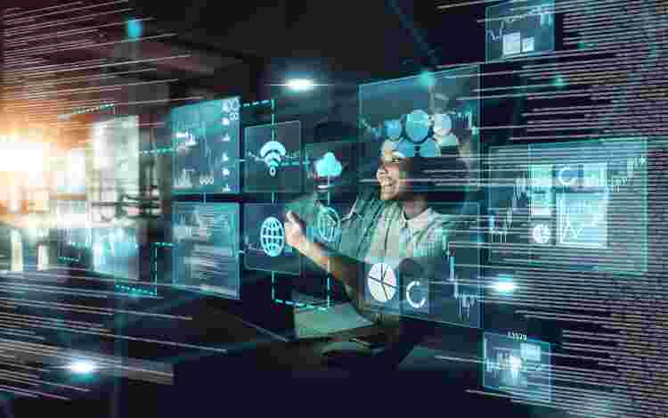 Licensed  Save to Library  Download Preview Preview Crop  Find Similar   File #:  537695754 Digital transformation, black people and group networking on computer. Overlay, ai and business people on ui, technology or ux and futuristic big data, 5g network and social connection in dark