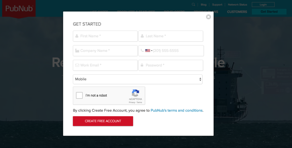 screenshot of creating a PubNub account
