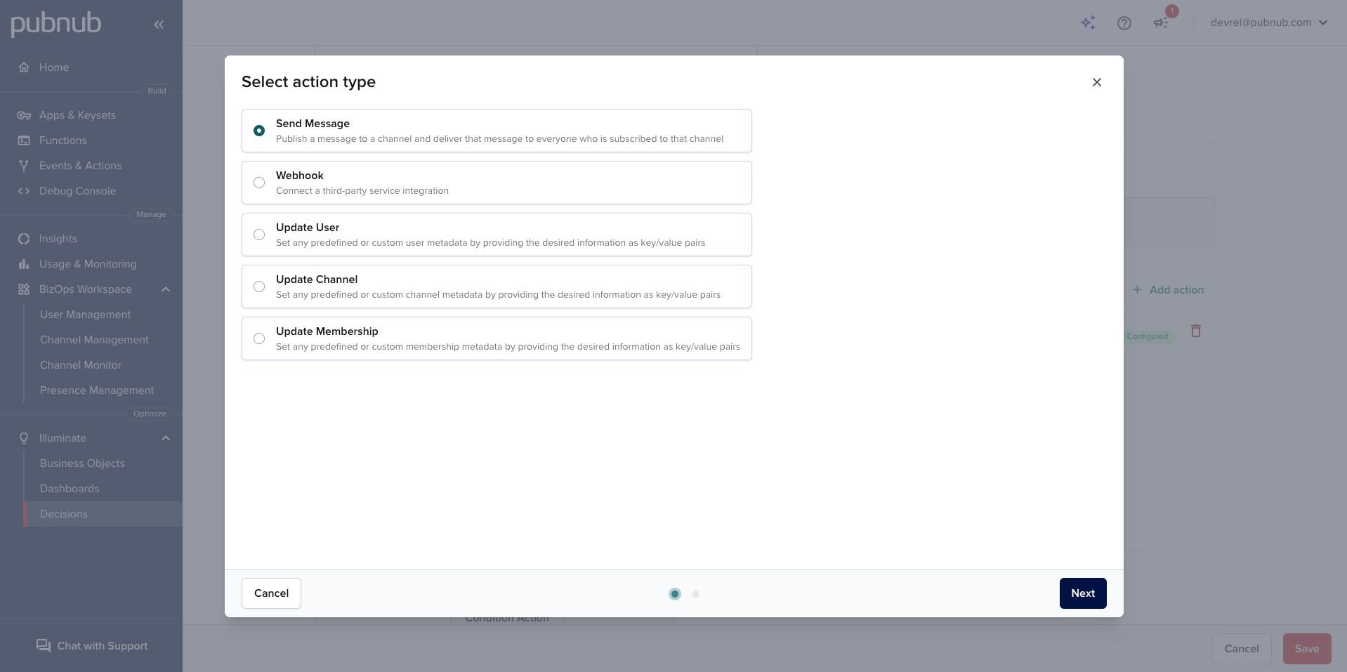 Configure action PubNub Illuminate