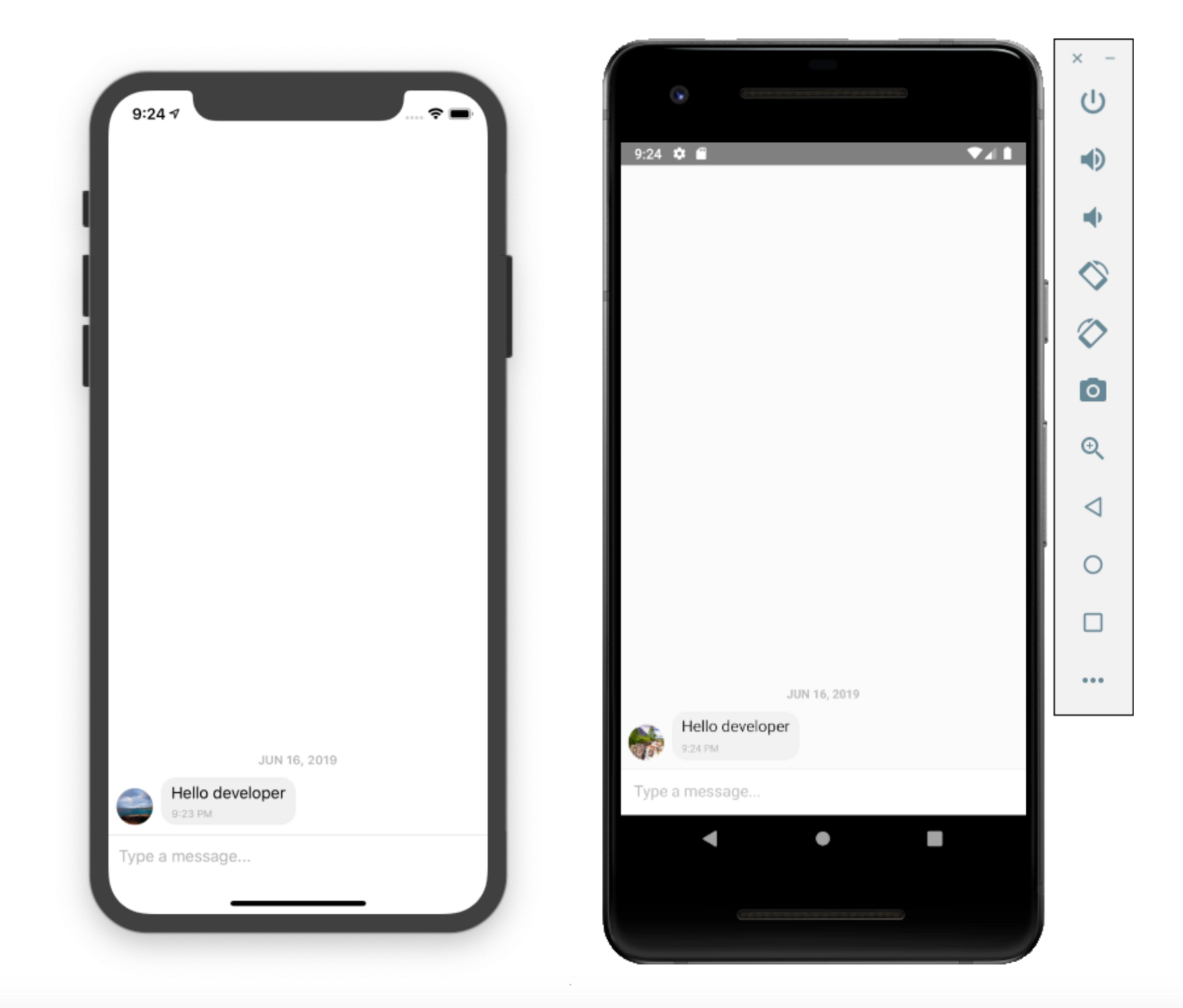 Example chat message in the iOS and Android emulators withReact Native