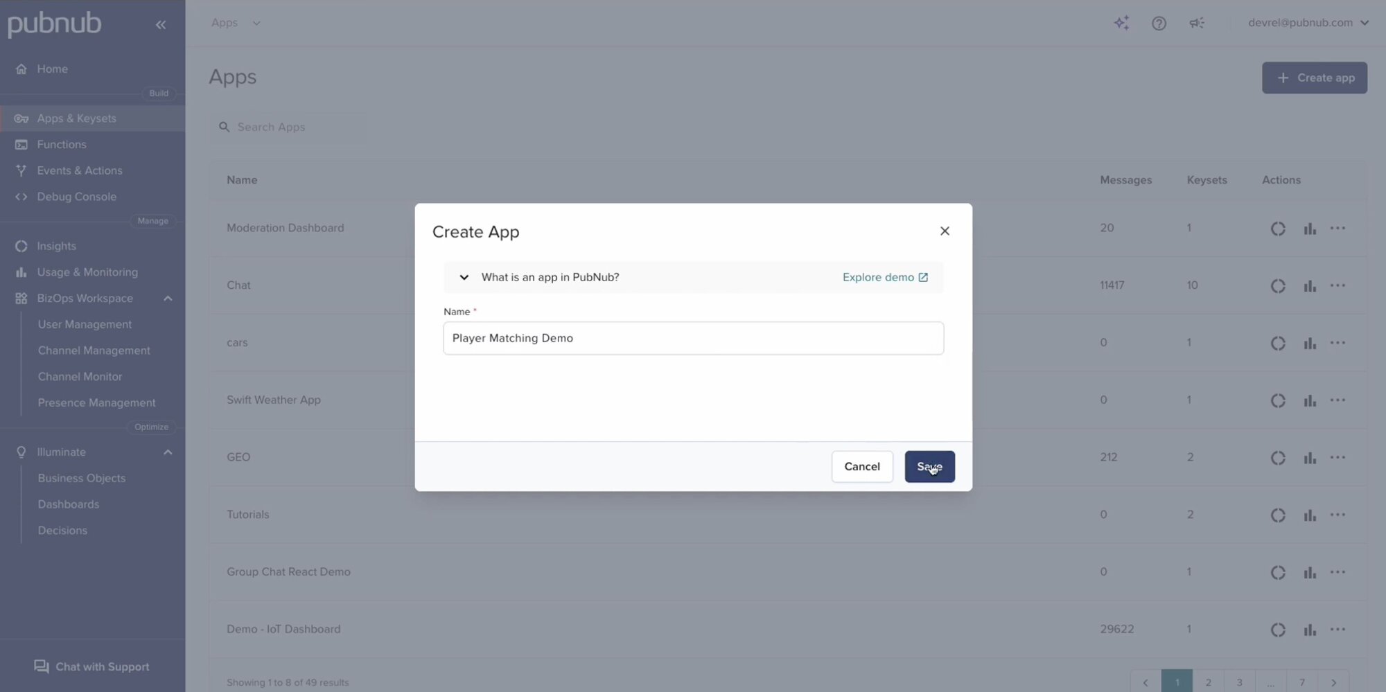 Create app PubNub portal