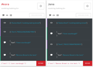 Two debug consoles showing received messages with message IDs