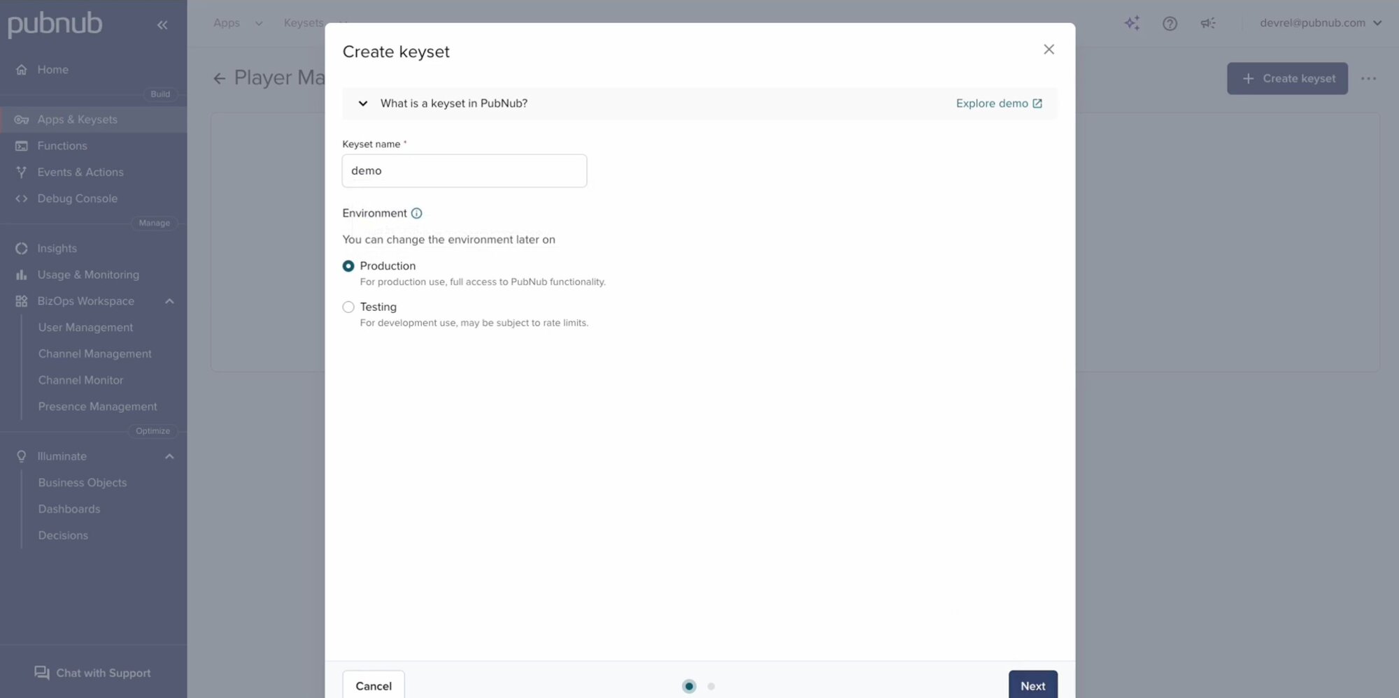 Create keyset PubNub portal