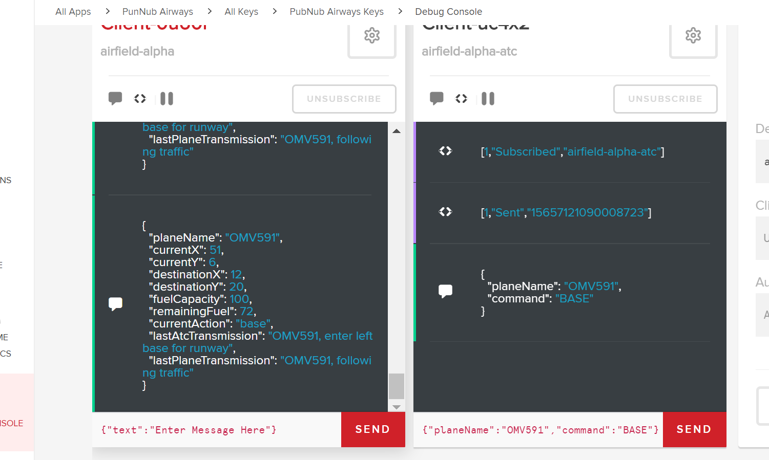 PubNub Debug Console with client publishing