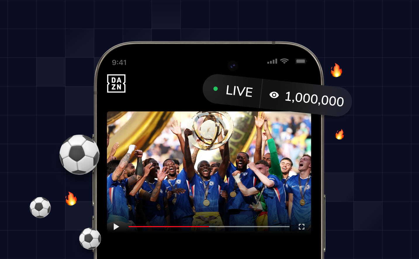 DAZN app on a phone streaming a live match with a 1,000,000 viewer count and fan reactions